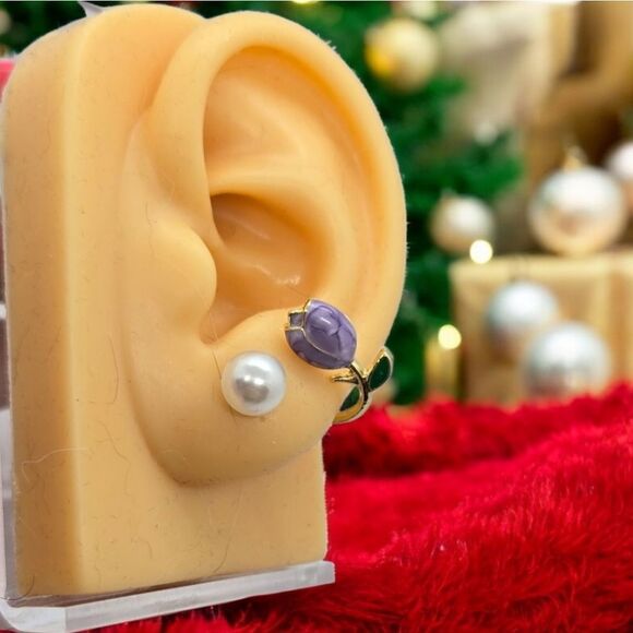 Purple Tulip Pearl Ear Jackets Wrap Earrings Wedding Bridal Bride Formal Jewelry - Picture 7 of 8